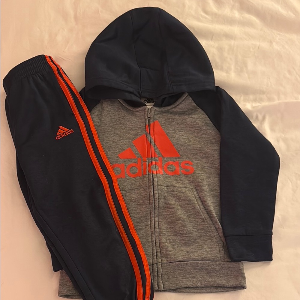 Adidas Kids' Gray and Navy Tracksuit with Red/Orange Logo